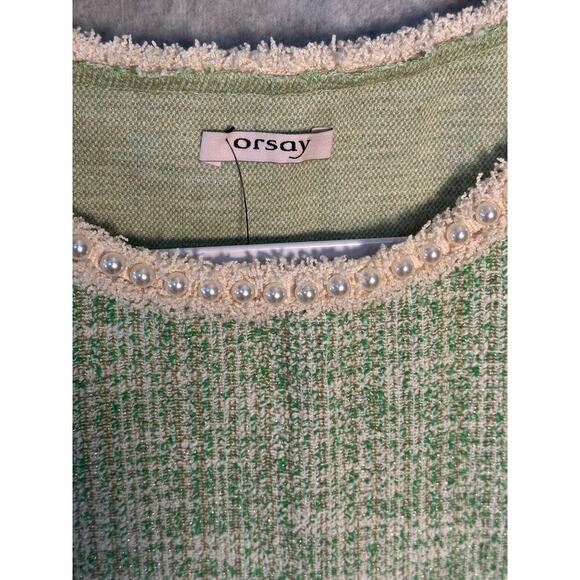Orsay NWT Sz L Green Metallic Tweed Boucle Dress Pearl Neck & Cuff Royal Duchess - Picture 5 of 16
